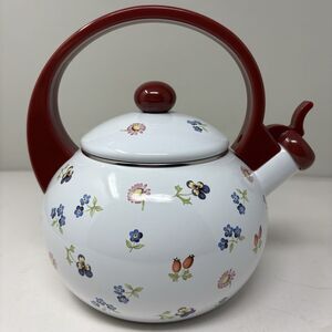 Vintage Villeroy & Boch Petite Fleur Enamel Whistling Tea Kettle Red Handle EUC